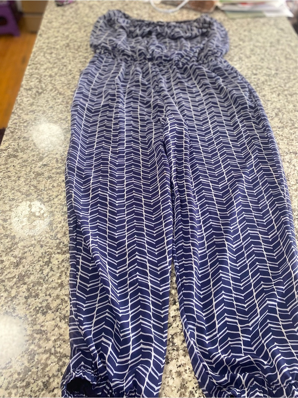 New York & Company Navy White Chevron Strapless Jumpsuit